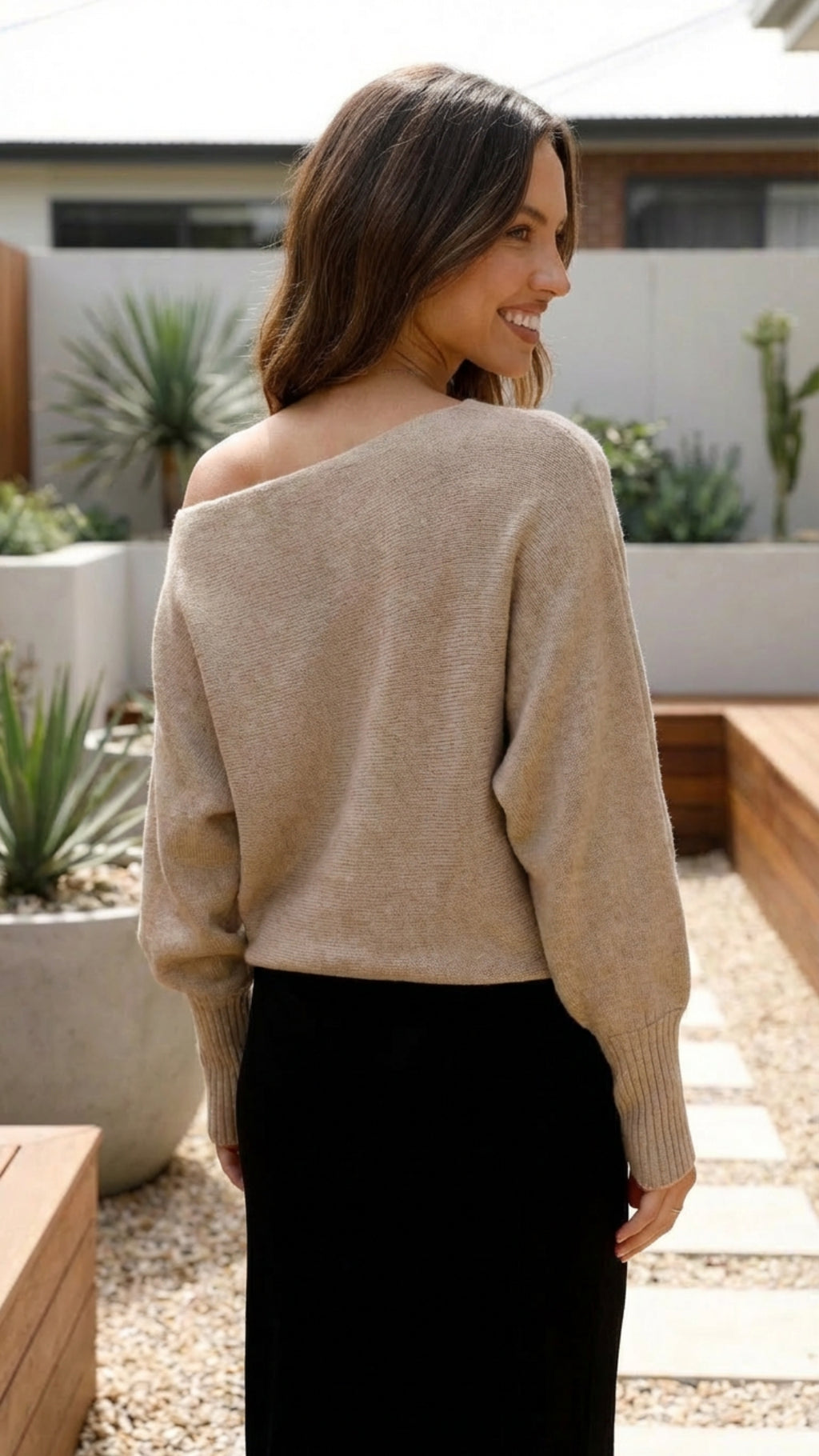 Women’s Off Shoulder Asymmetric Long Sleeve Knit Top