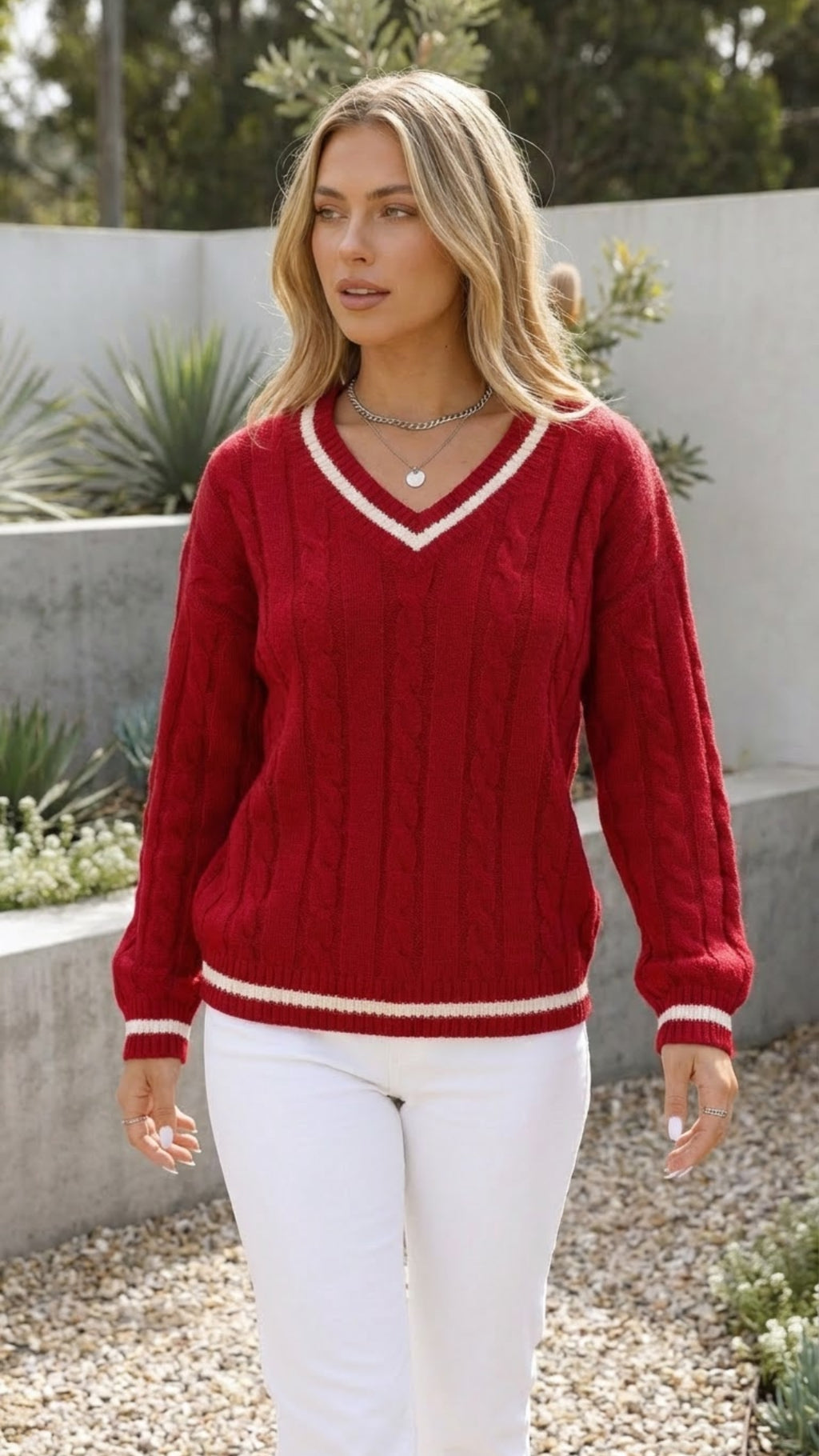 Women's Autumn V Neck Cable Knit Sweater Pullover