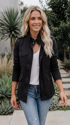 Women's Lightweight Utility Jacket | Cargo Zip Up Drawstring Jacket