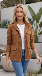Women's Lightweight Utility Jacket | Cargo Zip Up Drawstring Jacket