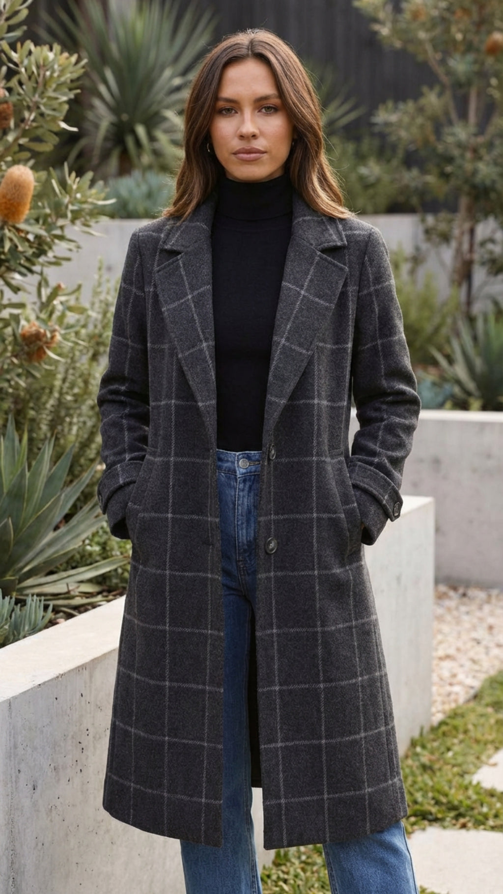 Women's Checkered Print Long Coat