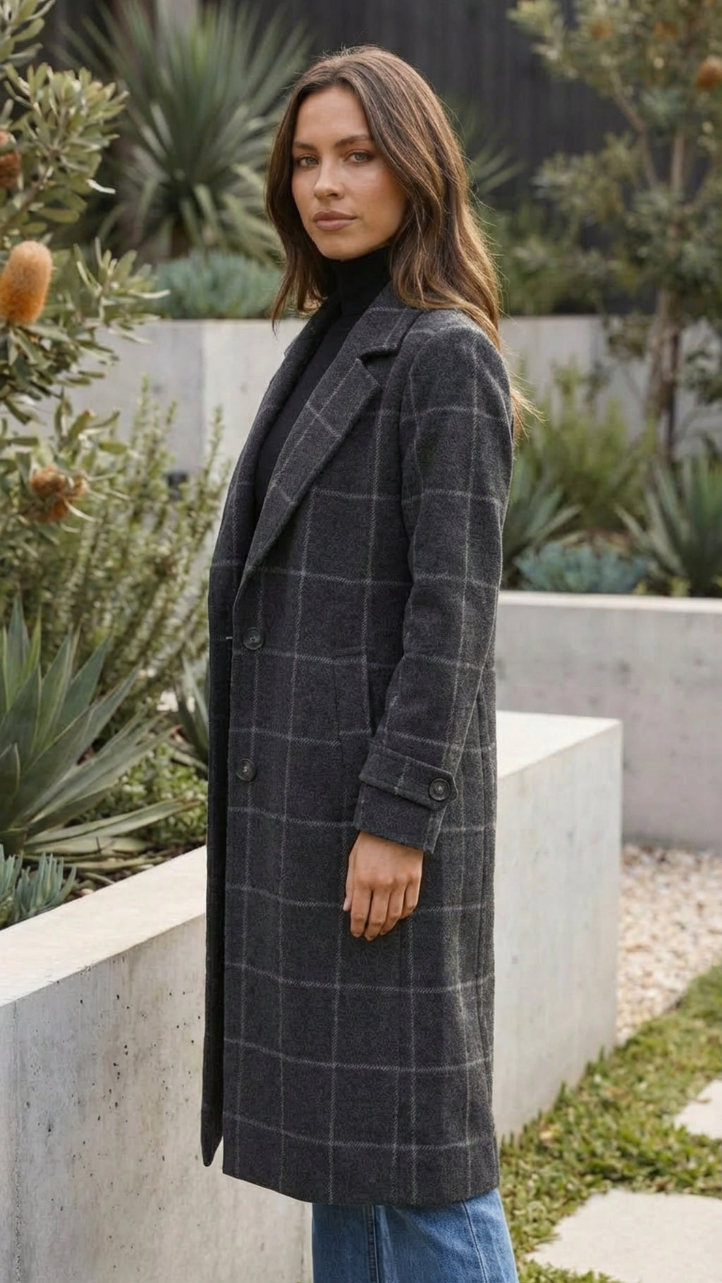 Women's Checkered Print Long Coat