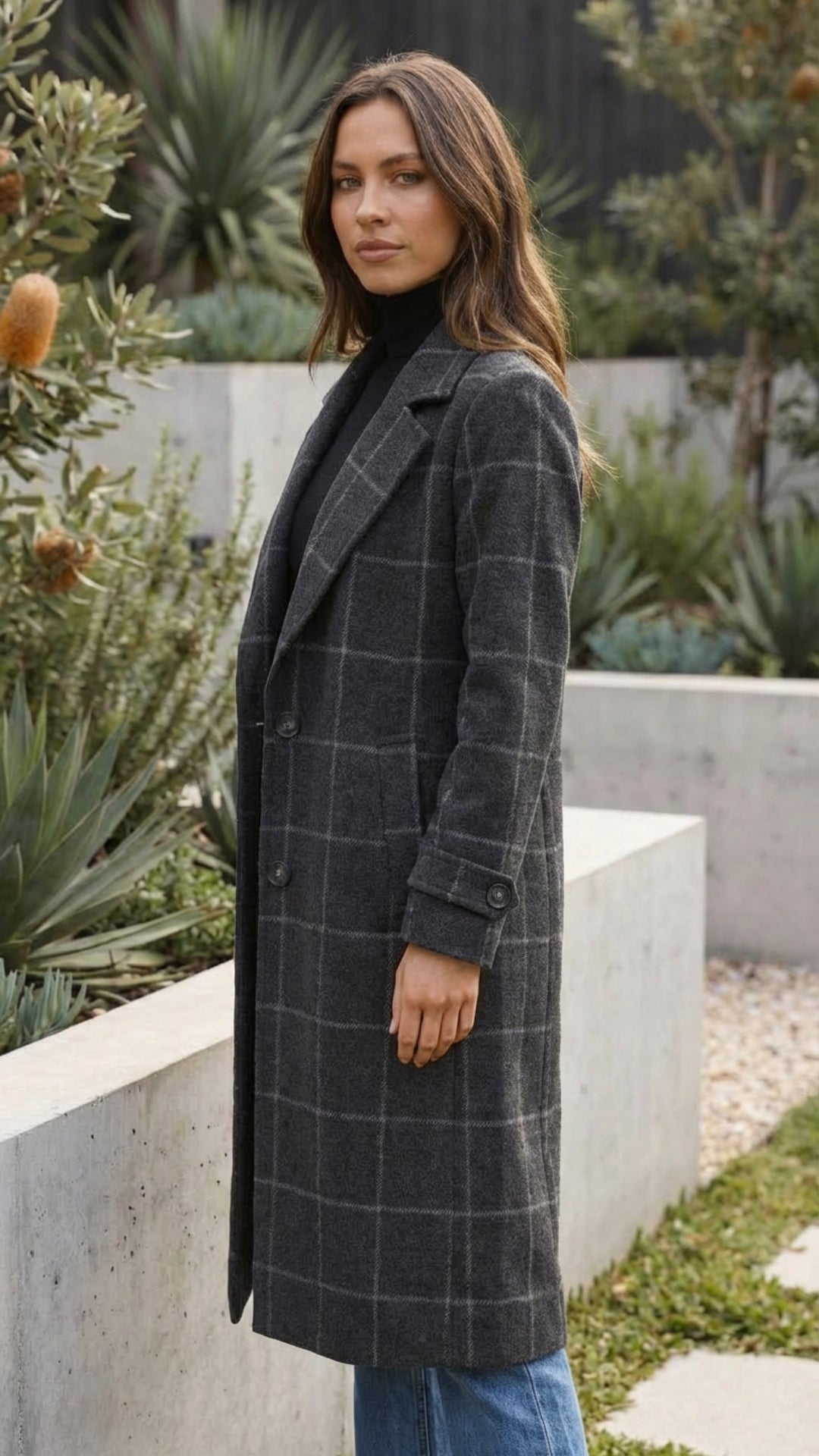 Women's Checkered Print Long Coat