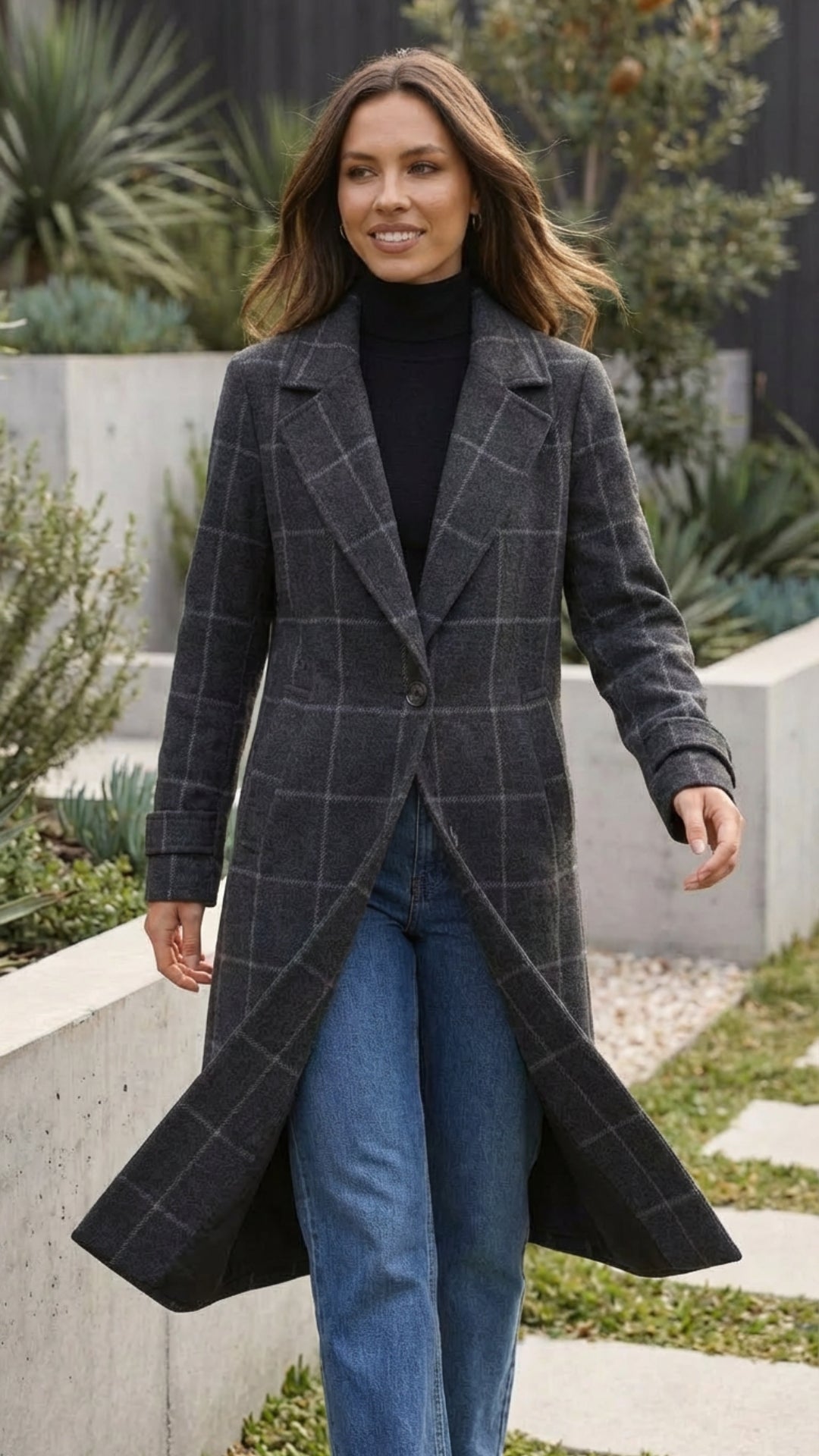 Women's Checkered Print Long Coat