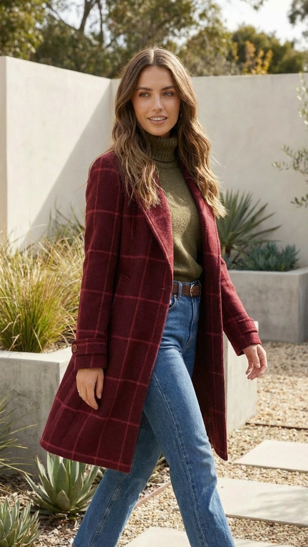 Women's Checkered Print Long Coat