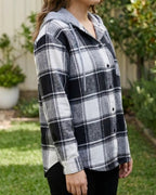 Women's Hooded Plaid Jacket | Checked Button Front Shacket