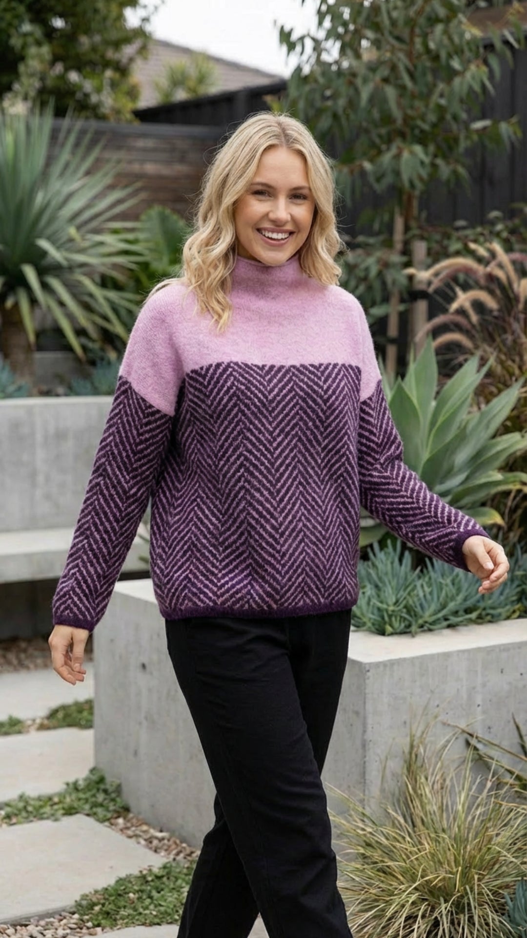 Women's High Neck Patterned Knitted Jumper