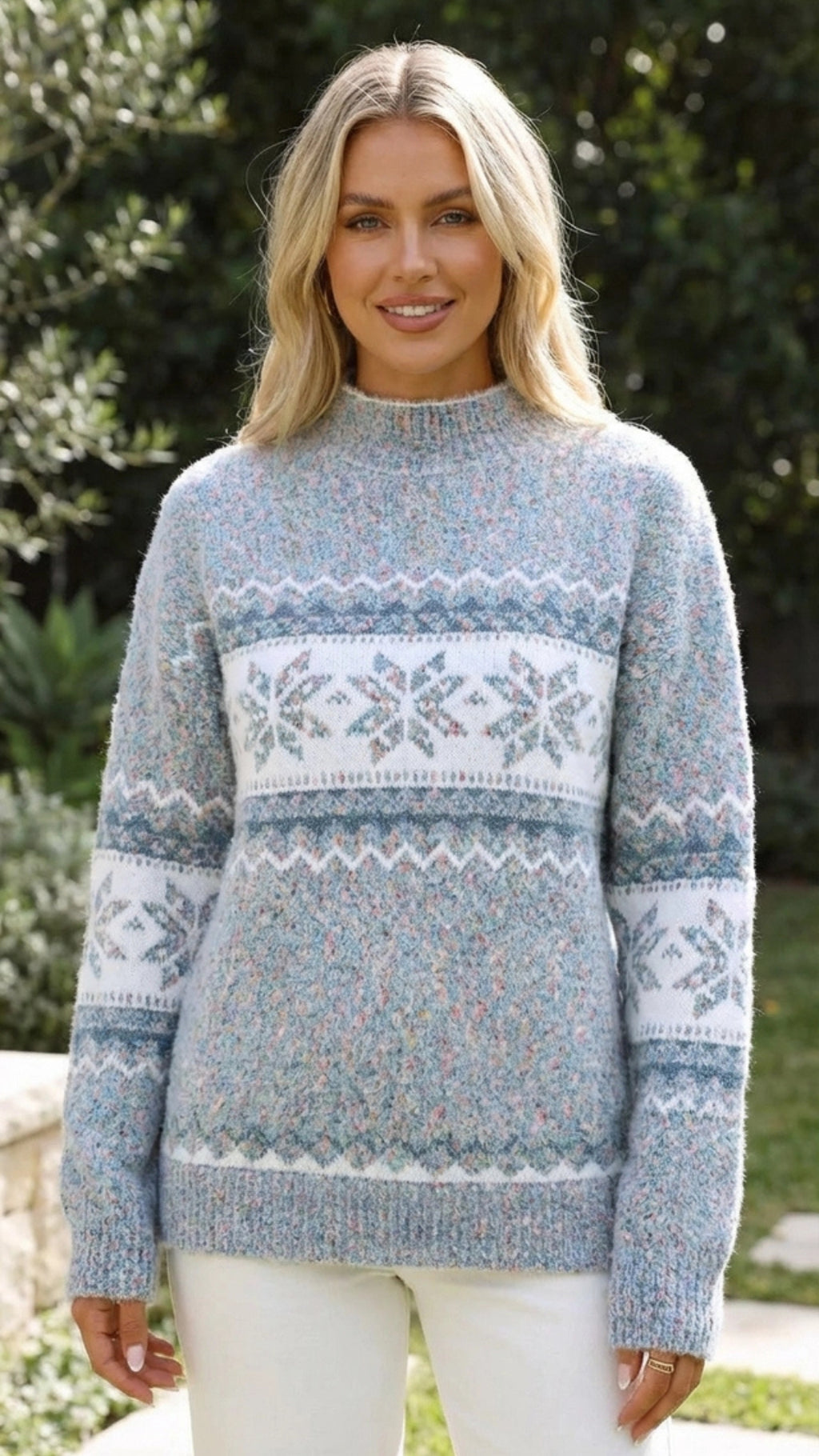 Women's Knit Mock Neck Fair Isle Patterned Sweater