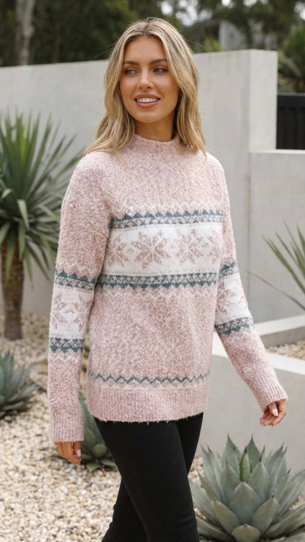 Women's Knit Mock Neck Fair Isle Patterned Sweater
