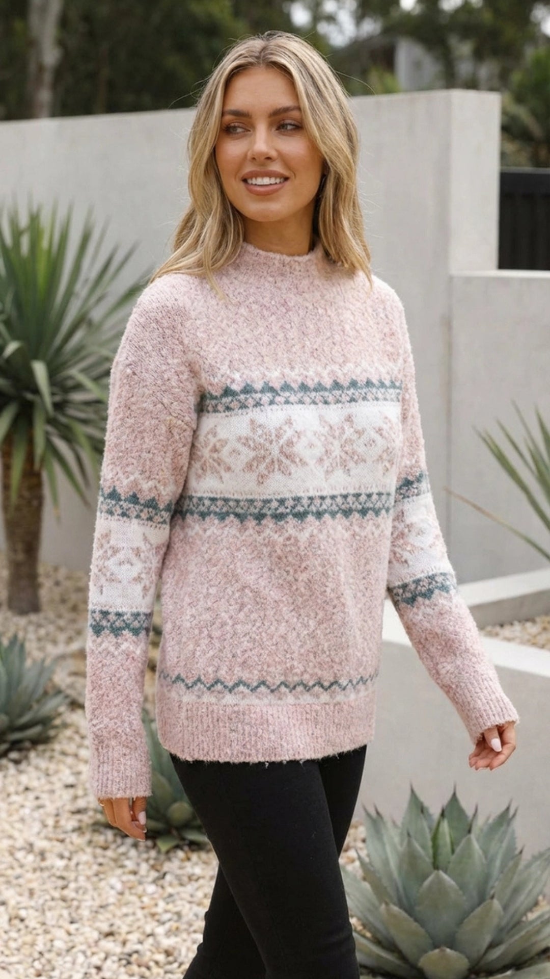 Women's Knit Mock Neck Fair Isle Patterned Sweater