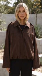 Women's Oversized Suede Look Collared Bomber Jacket