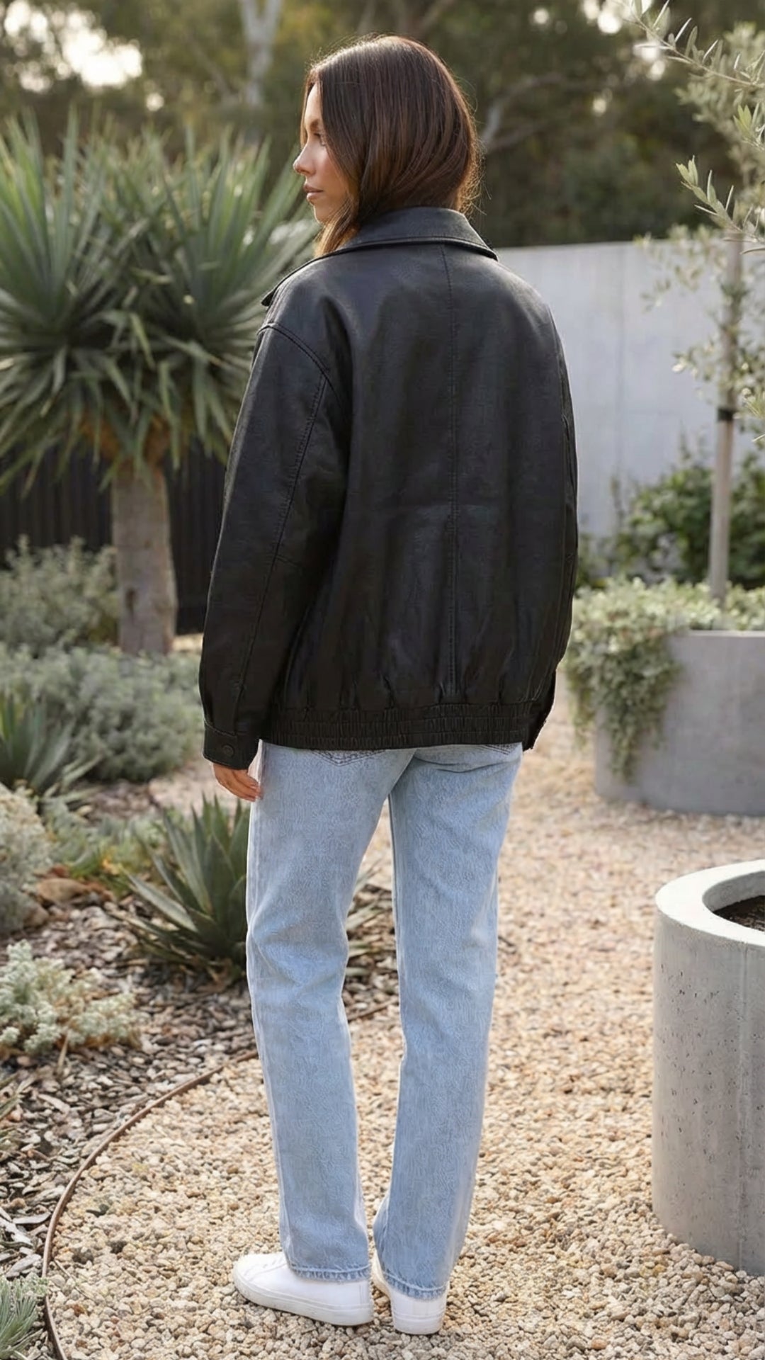 Women's Oversized Faux Leather Bomber Jacket With Zip