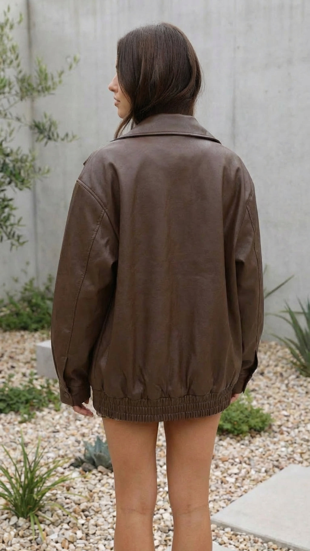 Women's Oversized Faux Leather Bomber Jacket With Zip
