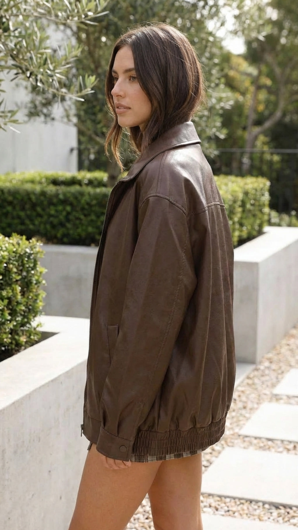 Women's Oversized Faux Leather Bomber Jacket With Zip