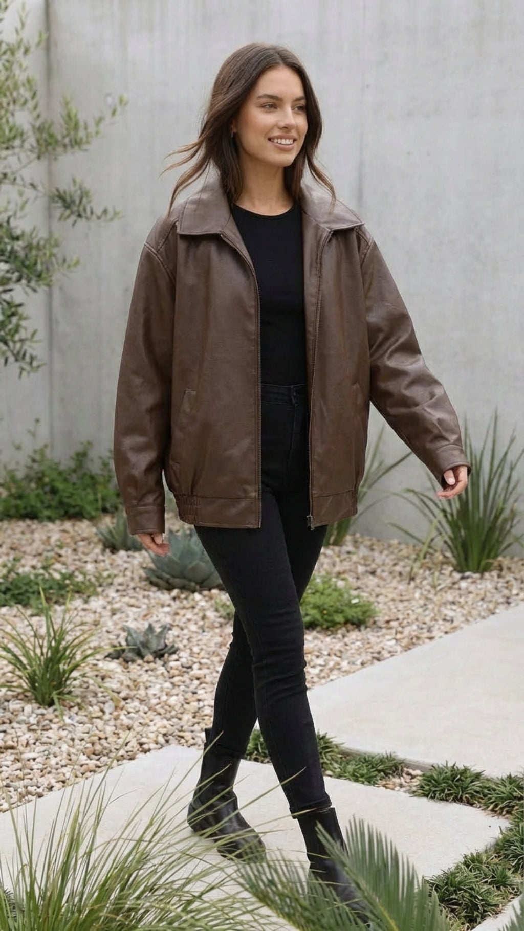 Women's Oversized Faux Leather Bomber Jacket With Zip
