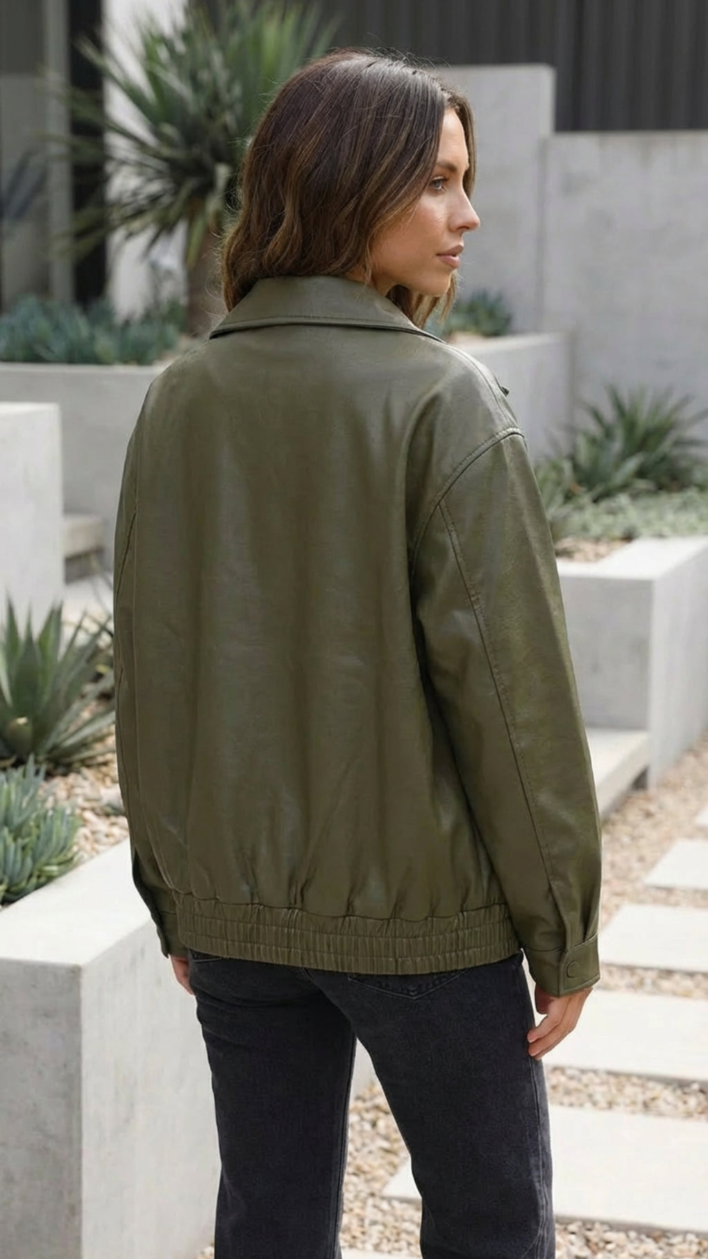 Women's Oversized Faux Leather Bomber Jacket With Zip