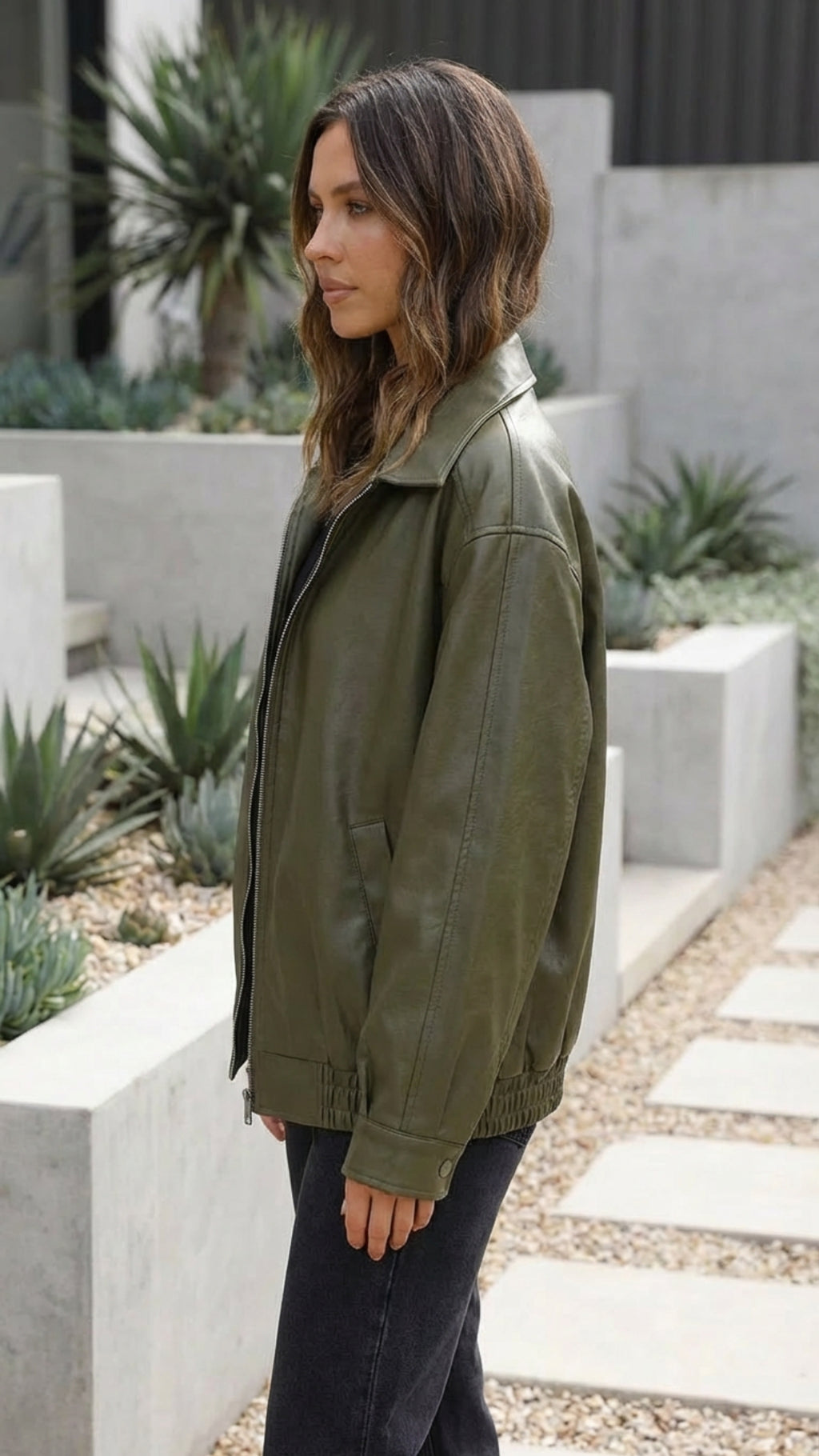 Women's Oversized Faux Leather Bomber Jacket With Zip