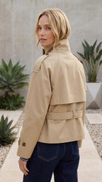 Women's Short Trench Coat | Double Breasted Belted Stand Collar Cropped Jacket