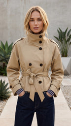 Women's Short Trench Coat | Double Breasted Belted Stand Collar Cropped Jacket