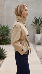 Women's Short Trench Coat | Double Breasted Belted Stand Collar Cropped Jacket