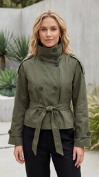 Women's Short Trench Coat | Double Breasted Belted Stand Collar Cropped Jacket