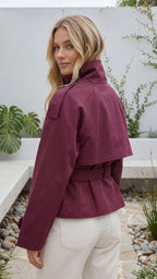 Women's Short Trench Coat | Double Breasted Belted Stand Collar Cropped Jacket