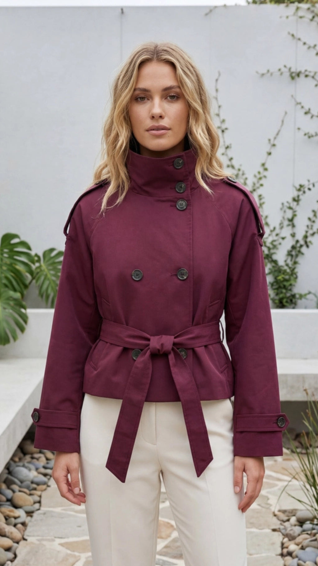 Women's Short Trench Coat | Double Breasted Belted Stand Collar Cropped Jacket
