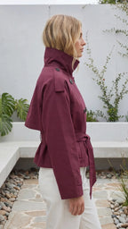 Women's Short Trench Coat | Double Breasted Belted Stand Collar Cropped Jacket