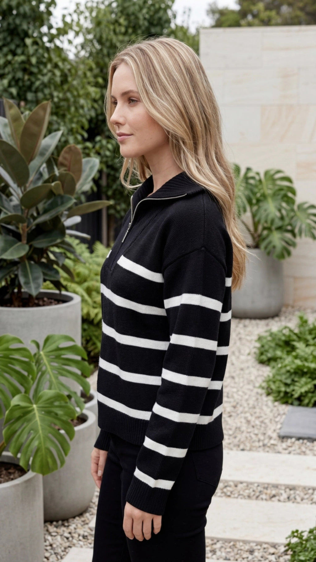 Women's Striped Knit Quarter Zip Sweater Pullover