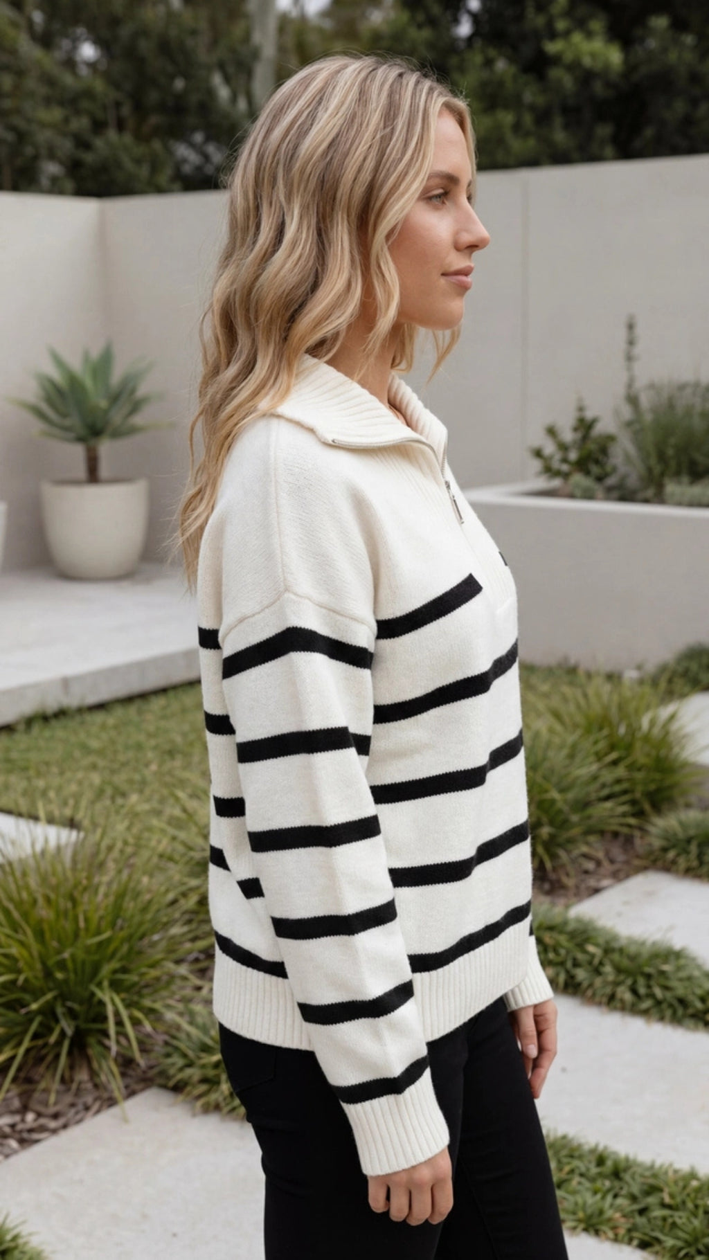 Women's Striped Knit Quarter Zip Sweater Pullover
