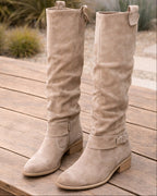 Women's Suede Look Knee High Boots | Side Zip with Buckle Detail