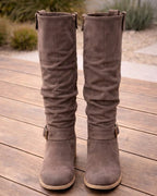 Women's Suede Look Knee High Boots | Side Zip with Buckle Detail