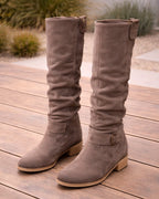 Women's Suede Look Knee High Boots | Side Zip with Buckle Detail