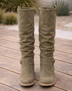 Women's Suede Look Knee High Boots | Side Zip with Buckle Detail
