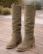 Women's Suede Look Knee High Boots | Side Zip with Buckle Detail