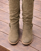 Women's Suede Look Knee High Boots | Side Zip with Buckle Detail