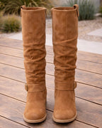 Women's Suede Look Knee High Boots | Side Zip with Buckle Detail