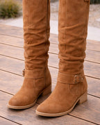 Women's Suede Look Knee High Boots | Side Zip with Buckle Detail