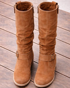 Women's Suede Look Knee High Boots | Side Zip with Buckle Detail