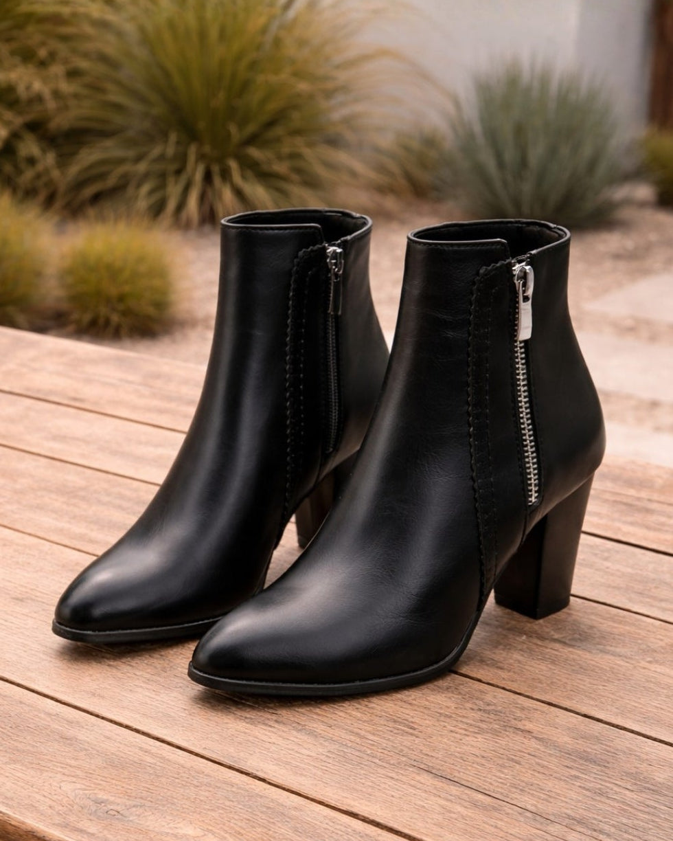 Women's Heeled Ankle Boots | Block Heel Side Zip Round Toe Booties