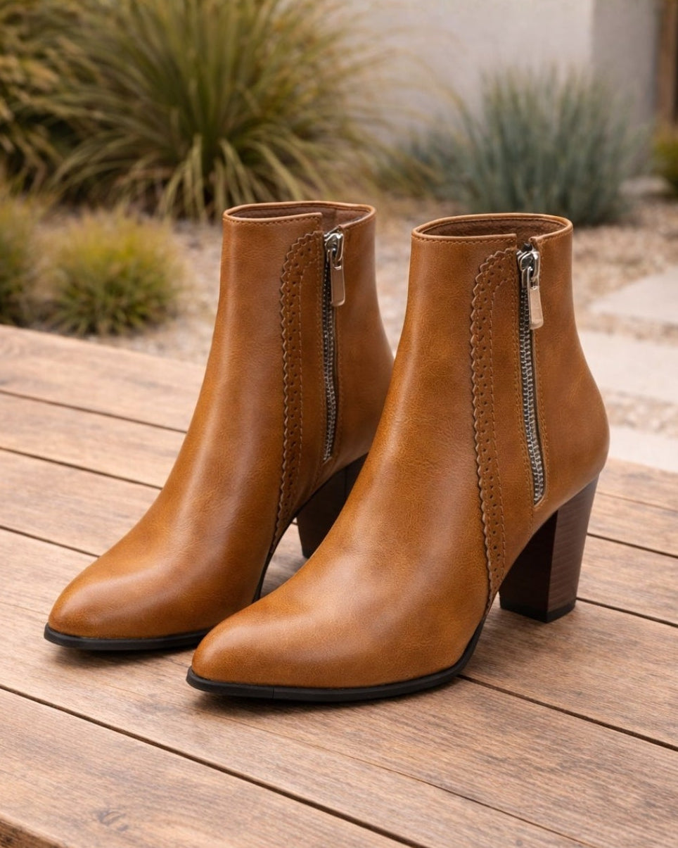 Women's Heeled Ankle Boots | Block Heel Side Zip Round Toe Booties
