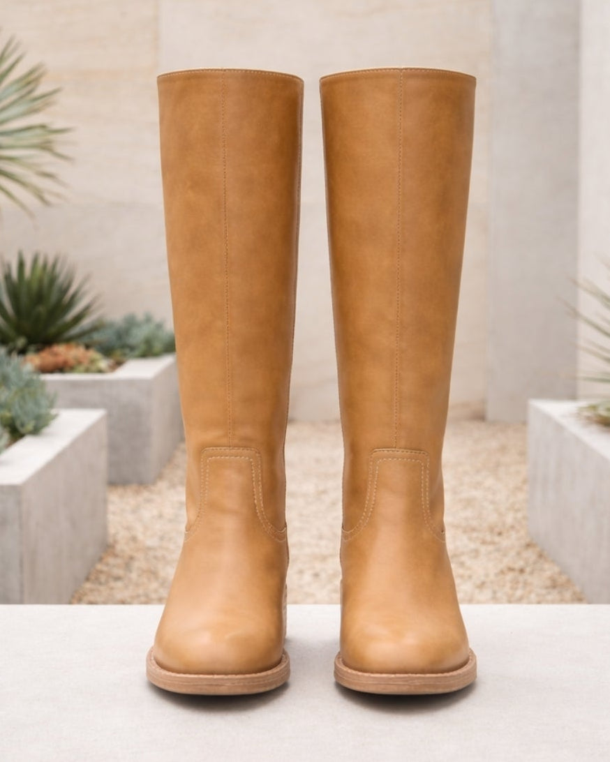 Women's Knee High Boots | Block Heel Round Toe Faux Leather Booties