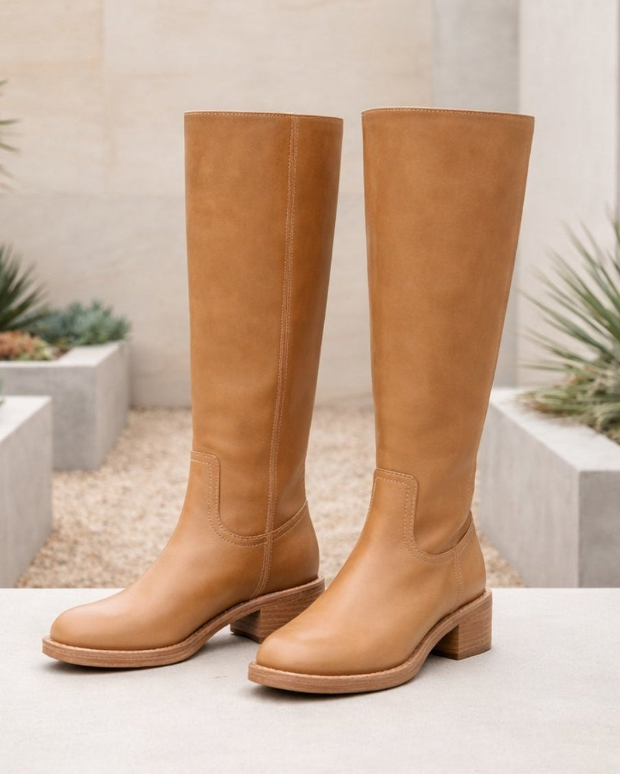 Women's Knee High Boots | Block Heel Round Toe Faux Leather Booties