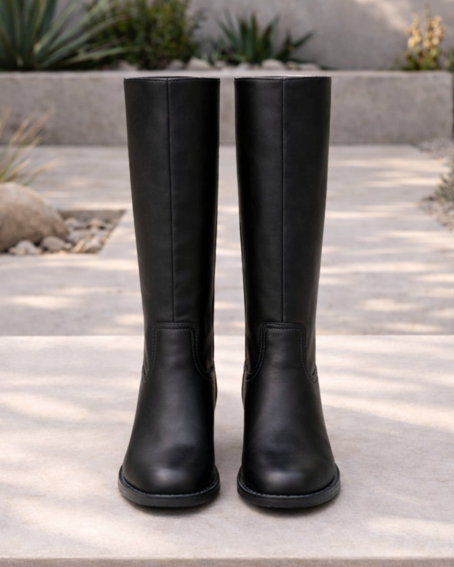 Women's Knee High Boots | Block Heel Round Toe Faux Leather Booties