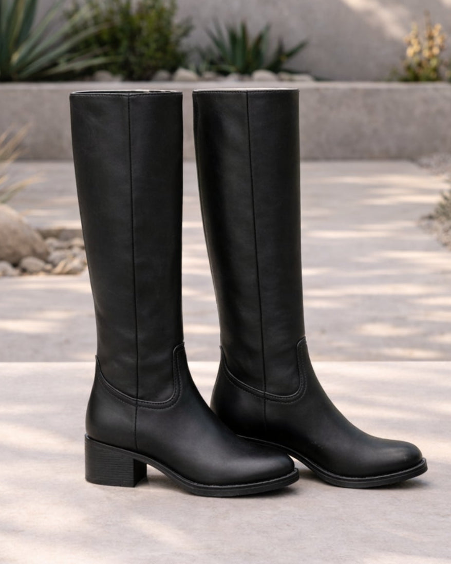 Women's Knee High Boots | Block Heel Round Toe Faux Leather Booties
