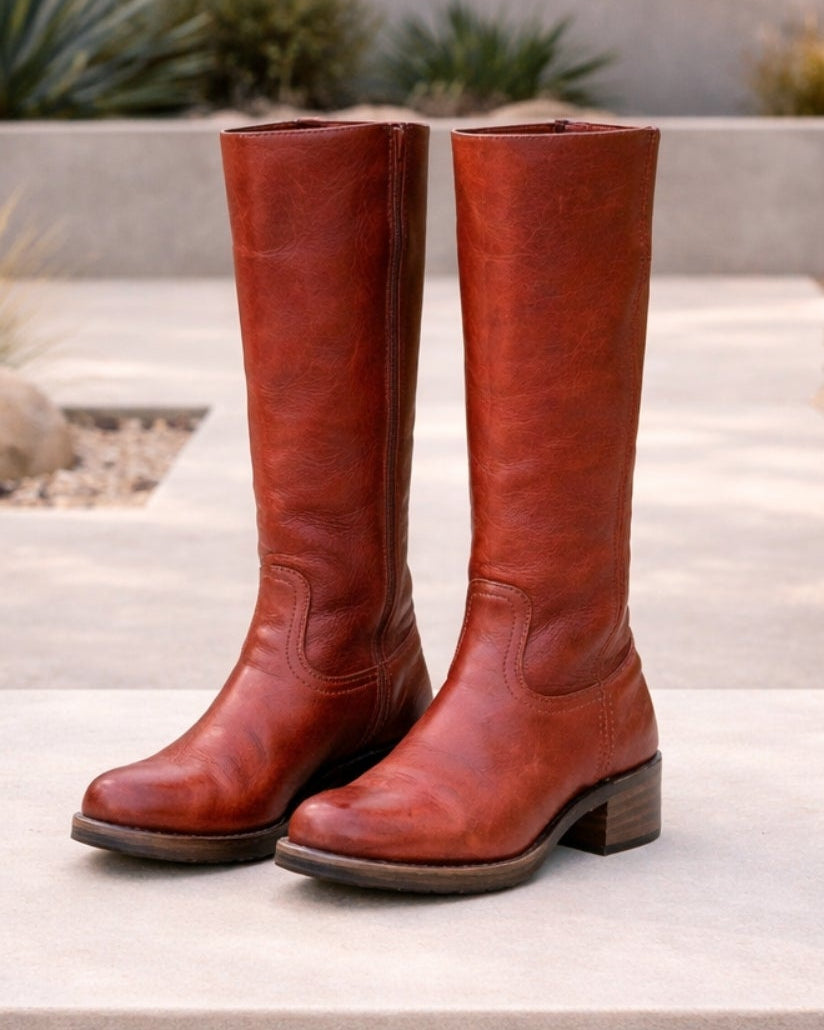 Women's Knee High Boots | Block Heel Round Toe Faux Leather Booties