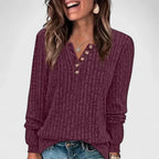 Women's Ribbed Henley Top with Button Neck and Long Sleeves