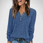 Women's Ribbed Henley Top with Button Neck and Long Sleeves
