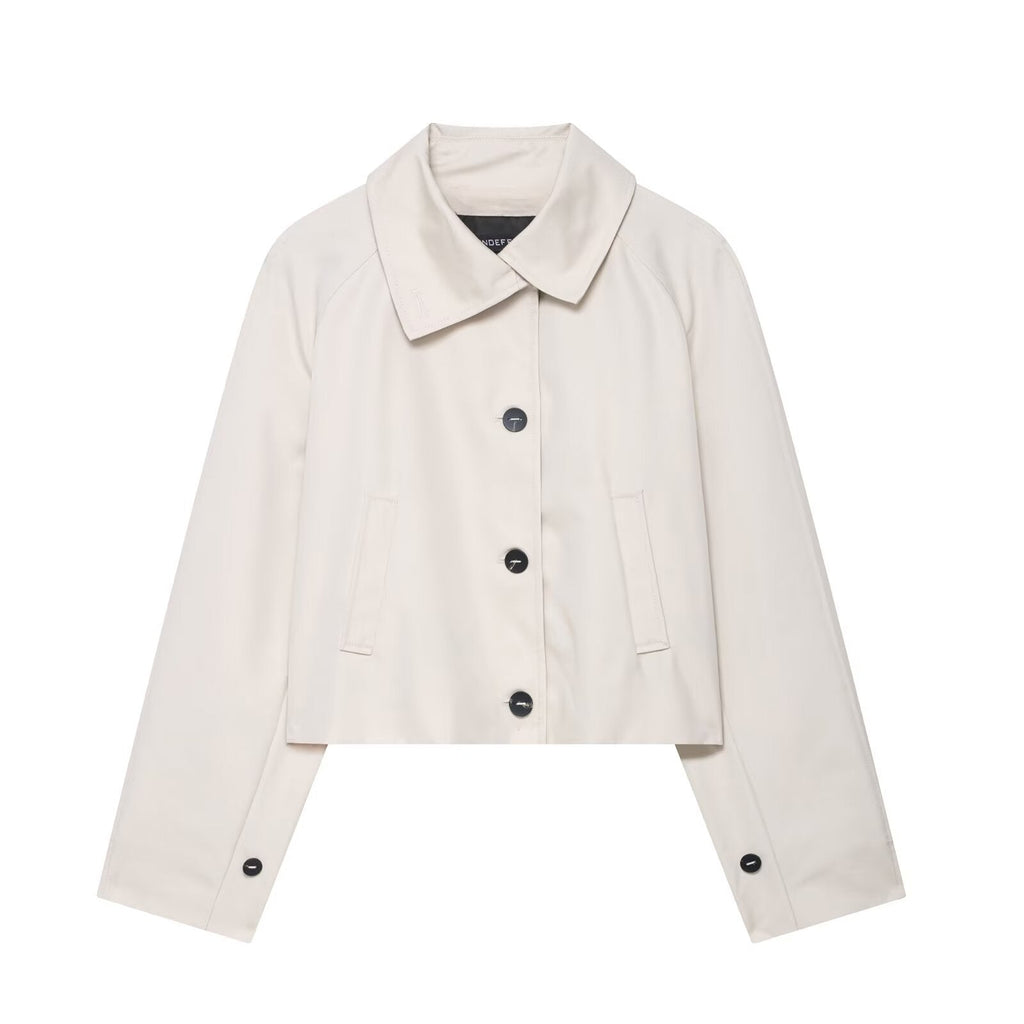 Women's Cropped Collared Jacket with Button Front and Pockets