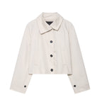 Women's Cropped Collared Jacket with Button Front and Pockets